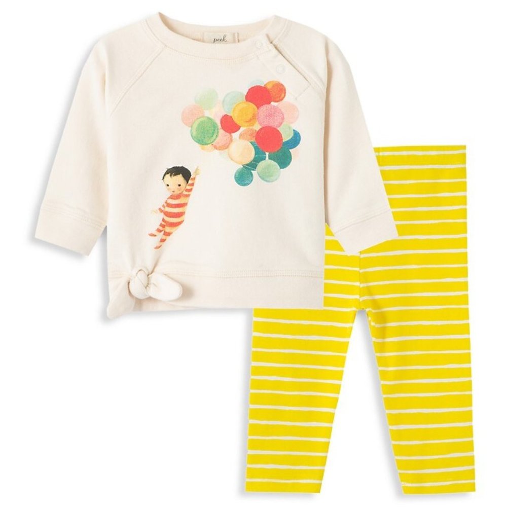 NEW Peek x Dreamworld Baby Balloon Print Cream Top Yellow Striped Pant 2 Pcs Set